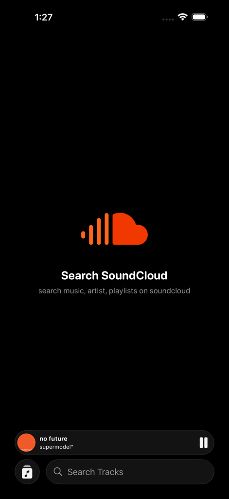 Interfaz de búsqueda de la aplicación Soundloader para pistas y artistas de SoundCloud