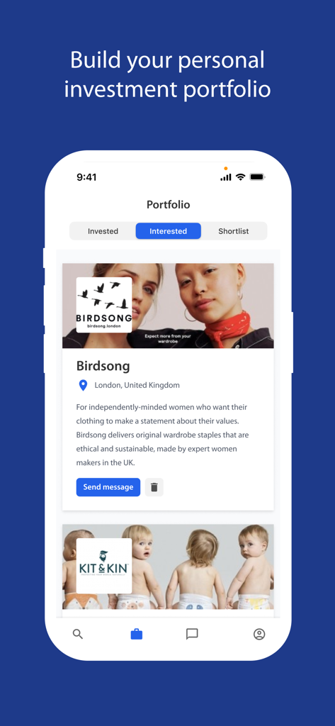 Angel Investment Network - Angel Investment Network app portfolio screen showing interested startup investment pitches
