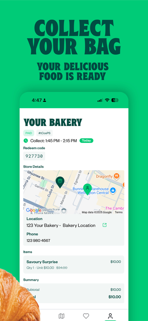 Gone Good - Screenshot of the Gone Good app showing a completed order for a bakery mystery bag with a redemption code and store location map