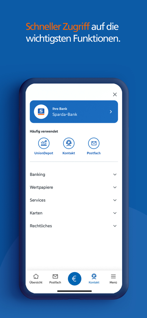 SpardaBanking App - SpardaBanking App menu interface showing quick access to key features