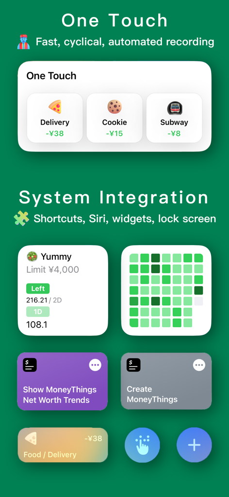 MoneyThings - Finance Tracker - Screenshot of MoneyThings app featuring One Touch recording buttons and various iOS financial widgets for tracking expenses and budgets.