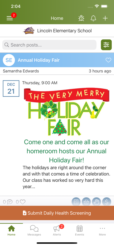 ParentSquare - The ParentSquare app home screen showing a school announcement for a holiday fair and navigation menu.