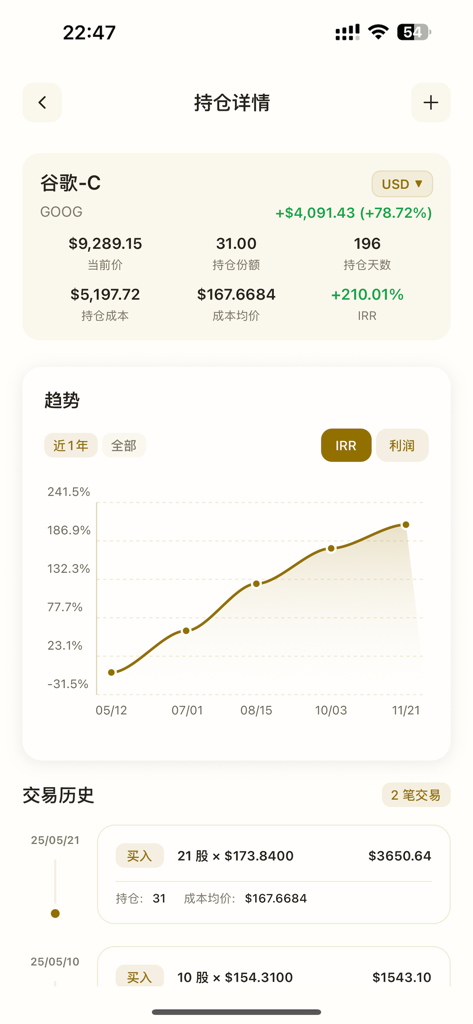 手机应用截图，显示谷歌的详细股票投资表现，包括内部收益率计算和表现趋势图