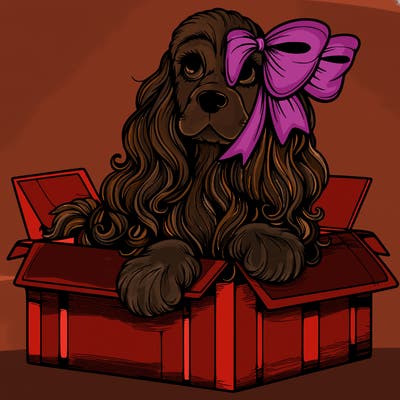 a spaniel american cocker with a beautiful bow coming out if a box realistic cute