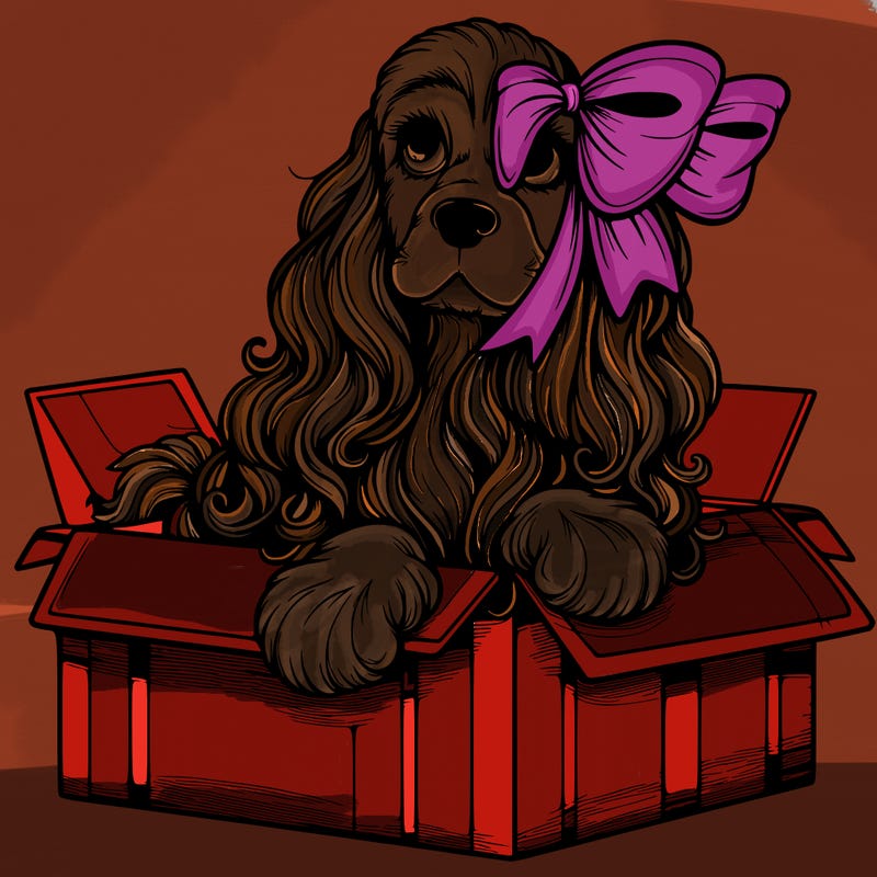 a spaniel american cocker with a beautiful bow coming out if a box realistic cute