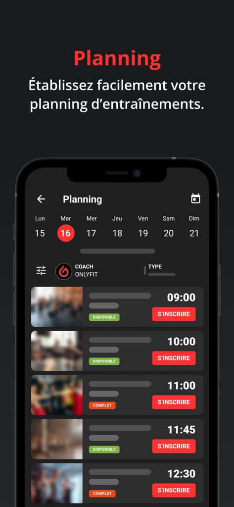 ONLYFIT - ONLYFIT mobile app interface displaying a weekly workout planning calendar and session registration list