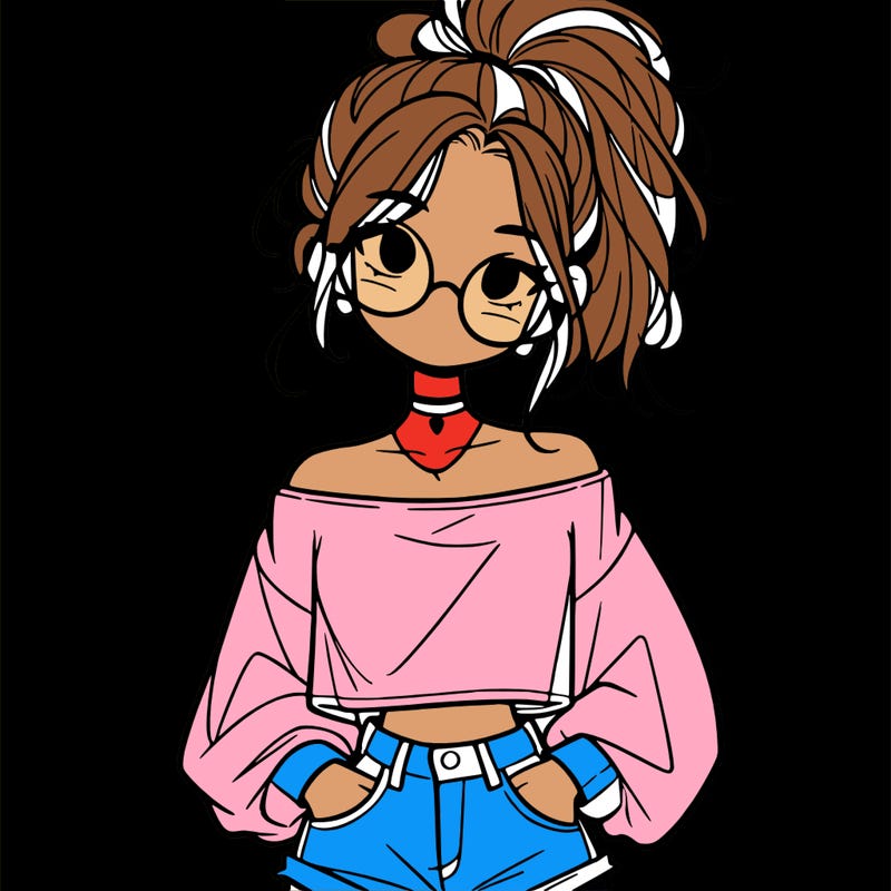 girl with a messy ponytail glasses a baggy crop top and jean shorts