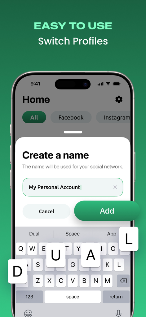 Parallel Accounts・Dual Space - Smartphone screen showing the process of naming a new personal account in the Parallel Accounts app interface