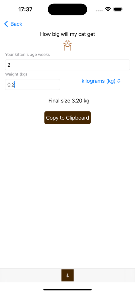 Interface of the cat health app showing a calculator to predict a kitten's final adult size based on current age and weight.