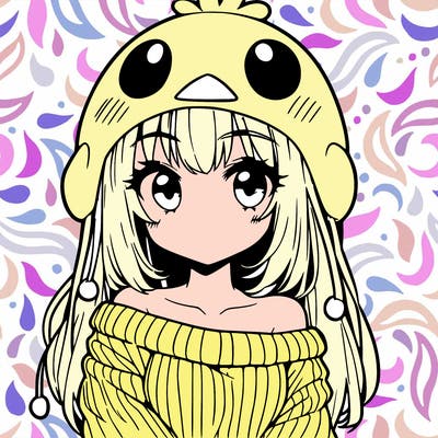 anime girl with chick shaped hat with sweater with bare shoulders with bangs covering them one eye with low tail