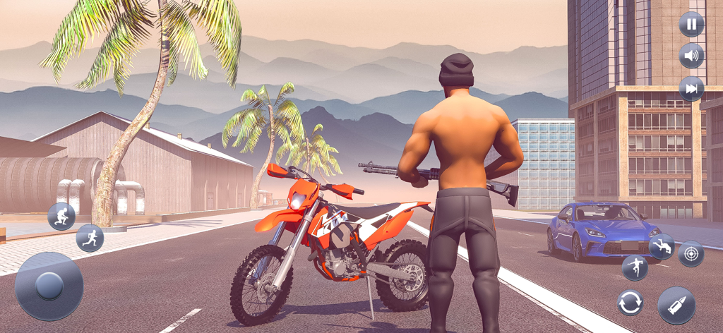 Un personaje gángster sosteniendo una escopeta junto a una moto de cross en una ciudad urbana