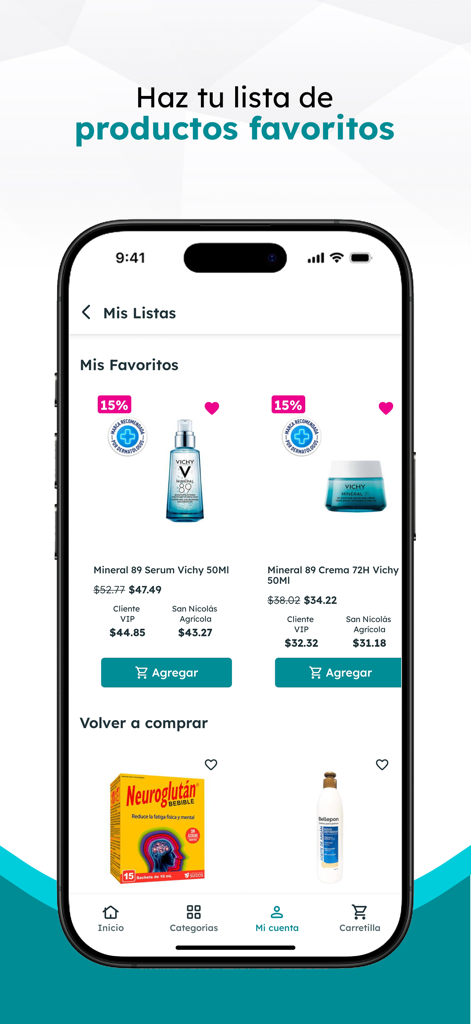 Screen showing the favorite products list in the Farmacias San Nicolas app