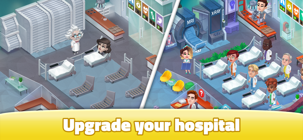 A side-by-side comparison showing the progression of a basic hospital room into a fully equipped medical facility with staff and patients