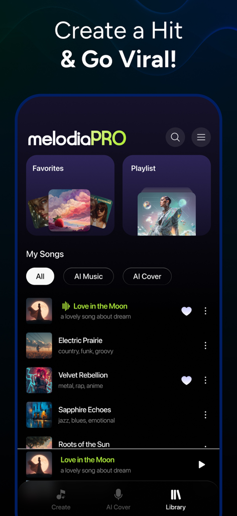 AI Music Maker - Melodia - Library screen of the Melodia AI Music Maker app showing saved songs and playlists