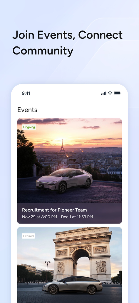 XPENG - XPENG app interface showing the events and community section with electric vehicle lifestyle activities