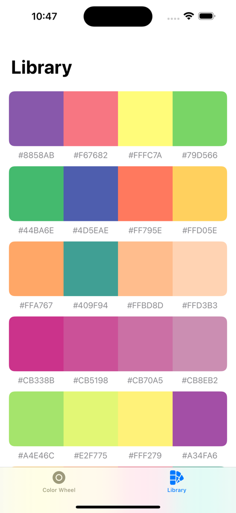 Color Scheme & Wheel - Color Scheme and Wheelアプリで、HEXコード付きの保存されたカラーパレットのライブラリ