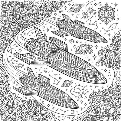 Unleash your creativity with this sophisticated adult coloring page featuring three majestic diplomatic space couriers on an interstellar mission. Dive into a world of intricate cosmic details, perfect for hours of relaxing artistic exploration.