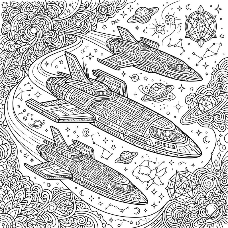 Unleash your creativity with this sophisticated adult coloring page featuring three majestic diplomatic space couriers on an interstellar mission. Dive into a world of intricate cosmic details, perfect for hours of relaxing artistic exploration.