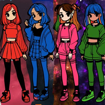 one girl with crop-top shirt and a jacket with a skirt, long socks and another girl with a shirt and pants with a jacket