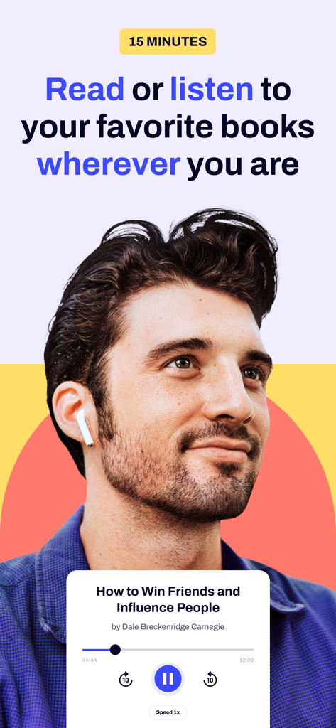 4books: Audiobooks & Podcasts - A man wearing a wireless earbud listening to an audiobook summary on the 4books app.