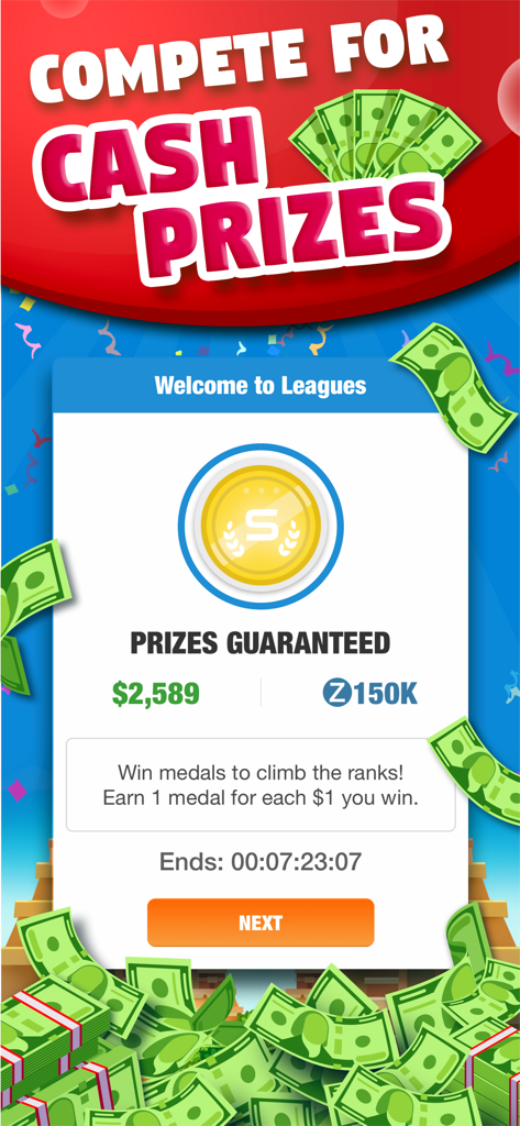 A screenshot of Bubble Shooter Arena Skillz showing cash prize rewards and competitive leagues.