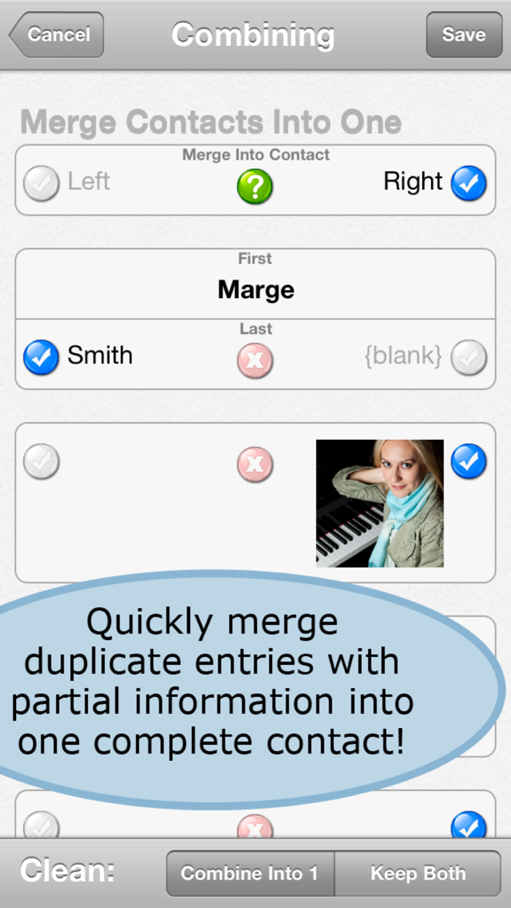 Oberfläche von ContactClean Pro, die den manuellen Zusammenführungsprozess für zwei doppelte Kontakteinträge zu einem vollständigen Profil zeigt.