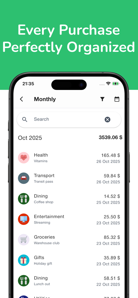 Budget Buddy: Expense Manager - Budget Buddy app interface showing an organized list of monthly expenses by category like health, dining, and entertainment.
