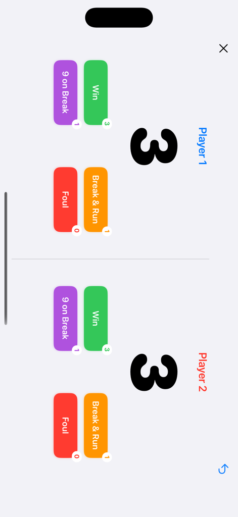 BiliScore Plus - Pantalla de puntuación de partidas de billar Bola 9 de BiliScore Plus con puntuaciones de jugadores y botones de acción.
