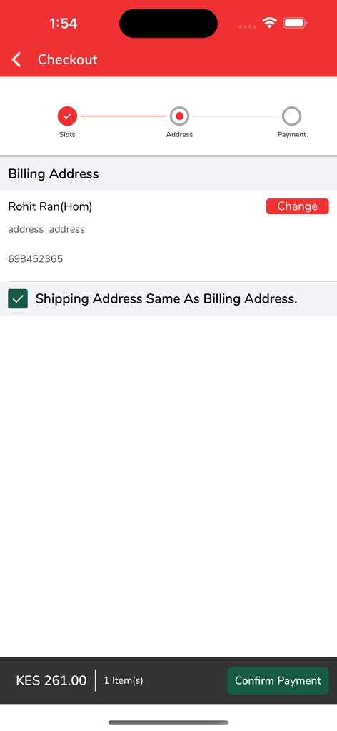 Quickmart Online - Q SOKO - The checkout screen of the Quickmart Online app showing billing address details and a confirm payment button