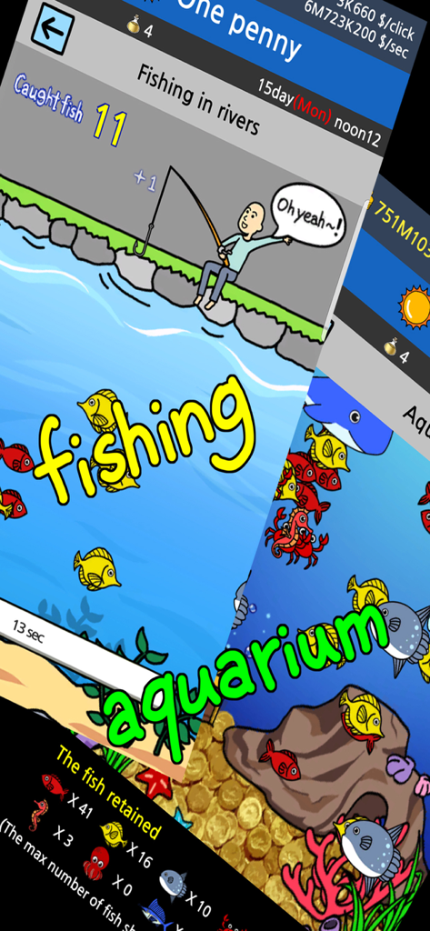 Beggar Life 2 - A gameplay screenshot of Beggar Life 2 showing the fishing mini-game and the aquarium where players can collect various fish.