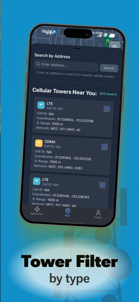 Cellular Tower － Finder Signal - LTEおよびCDMAネットワークの詳細と座標を持つ近くのタワーのリストを示すCellular Towerアプリのスクリーンショット