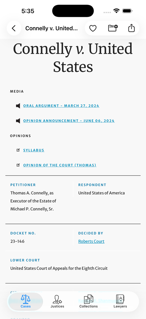 OYEZ - OYEZ app interface displaying details for the Supreme Court case Connelly v. United States including oral arguments and opinions