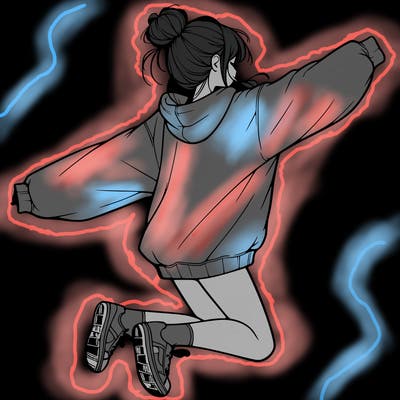 realistic girl jumping with a bun and oversized sweatshirt