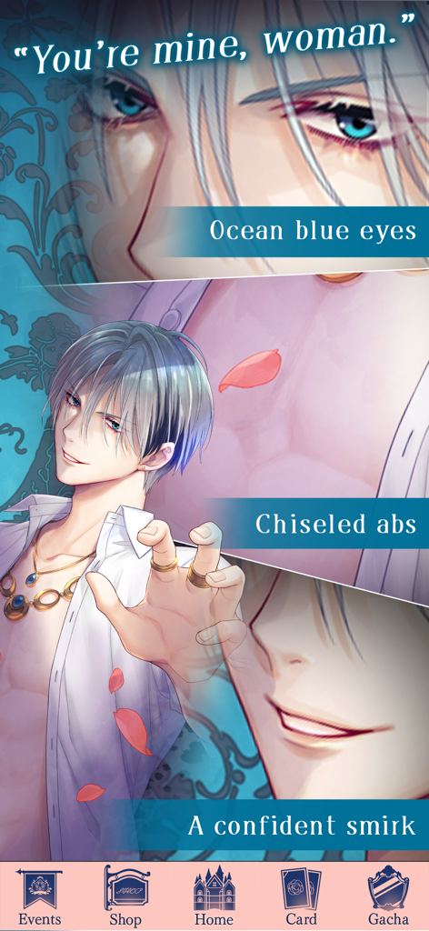 Silberhaariger Prinzencharakter mit ozeanblauen Augen und einem selbstbewussten Grinsen im Ikemen Prince Otome Game