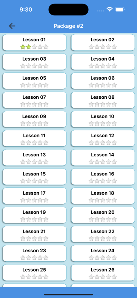 English Reading + - A list of numbered English reading comprehension lessons in the English Reading Plus app showing star ratings for progress tracking