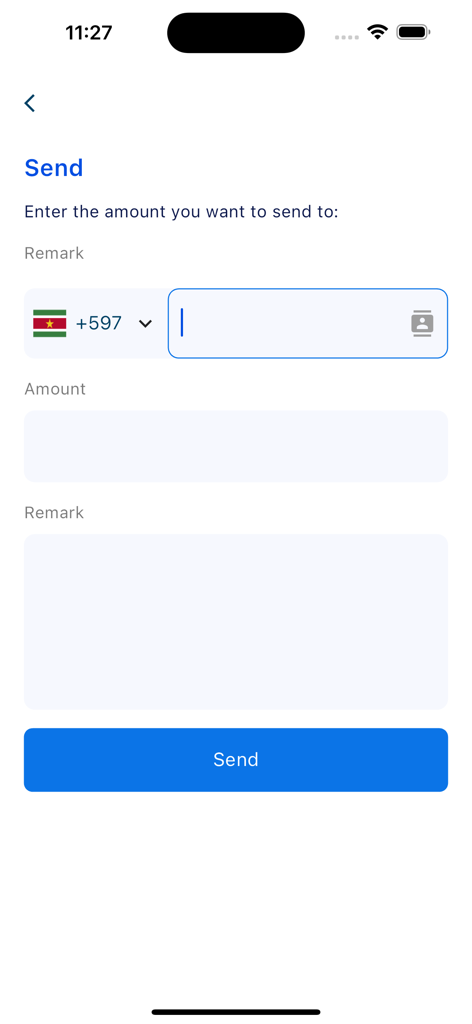 GWAP Consumer - GWAP Consumerアプリのピアツーピア送金用インターフェース。金額と受取人のフィールドが表示されています。