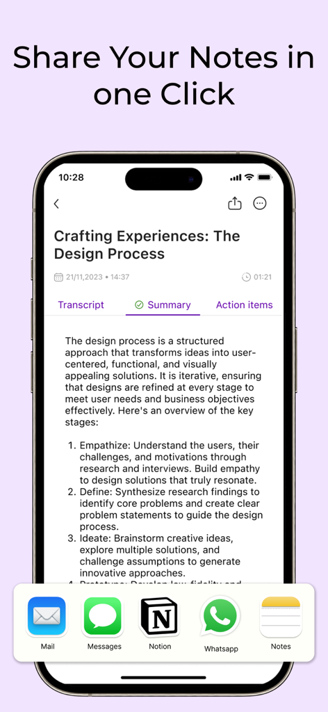 Flow AI: Voice Note Taker App - iPhone screen displaying the Flow AI app with a note summary and options to share via Mail, Notion, and WhatsApp.