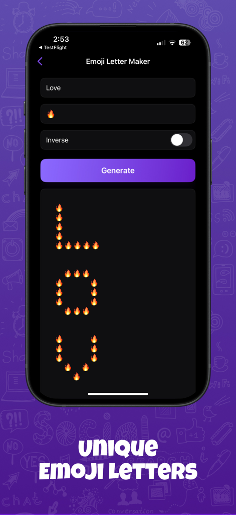 Dual Chat : Web Scan - Pantalla de teléfono inteligente que muestra la función Emoji Letter Maker con la palabra Love escrita con emojis de fuego.