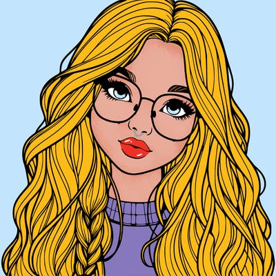 girl with long hair and freckles and glasses realistic
