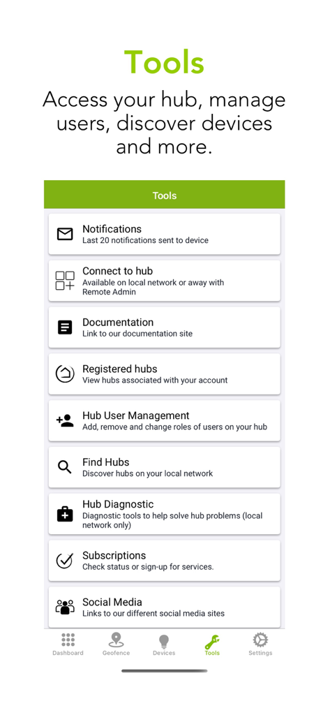 Hubitat Elevation app tools menu for managing users and hubs