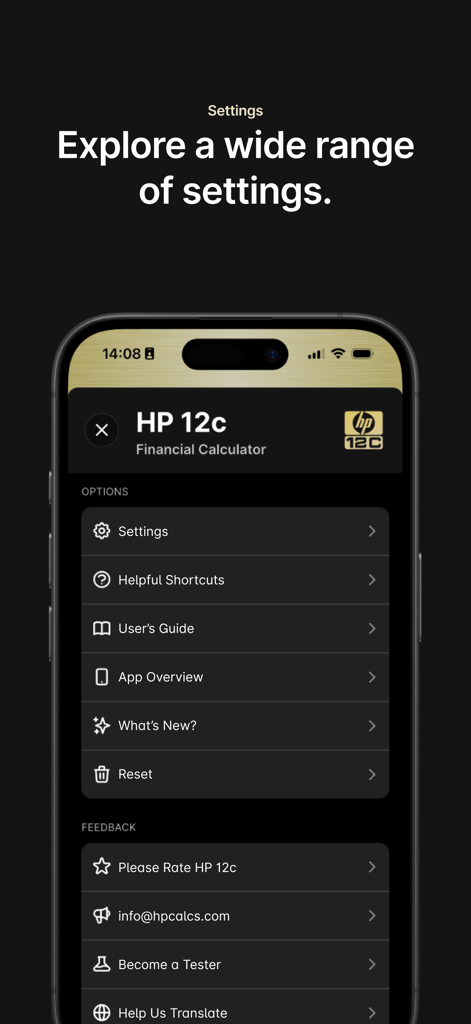 HP 12c financial calculator app settings and options menu on an iPhone.