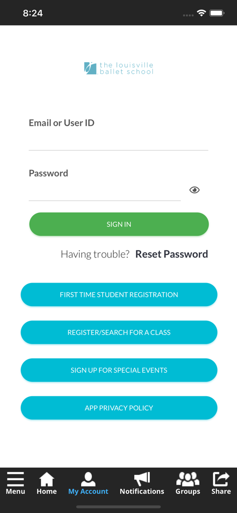 Louisville Ballet School - Pantalla de inicio de sesión de la app de la Escuela de Ballet de Louisville con opciones para registro de estudiantes y búsqueda de clases