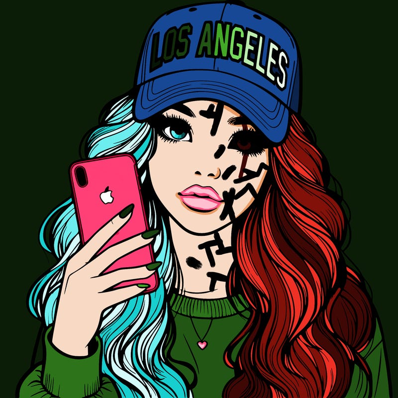 realistic beautiful girl wearing los ángeles cap holding an iphone