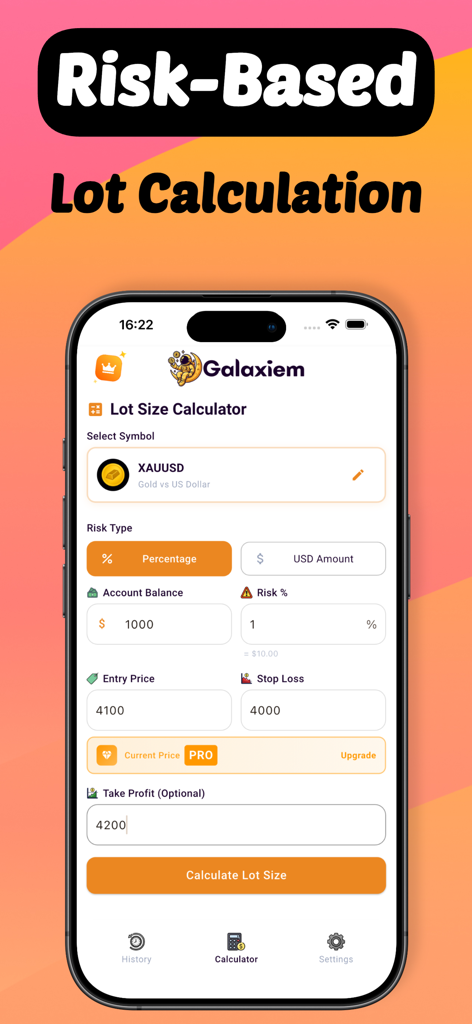 Lot Size Calculator - Galaxiem - Mobile app interface for lot size calculation showing risk management settings for gold trading