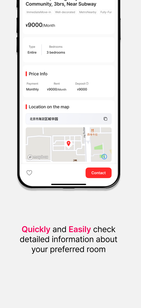 iStay 爱住 - iStay app screen displaying detailed apartment rental information in China including monthly rent and map location.