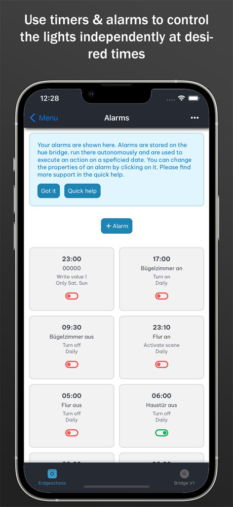 all 4 hue 앱의 조명 알람 및 타이머를 보여주는 스마트폰 화면