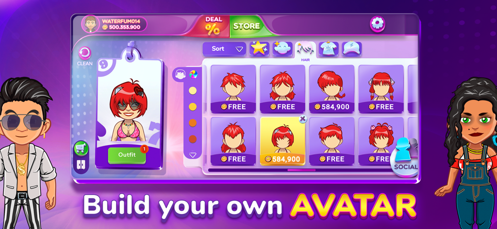 MundiGames - Social Casino - MundiGames App-Oberfläche, die Avatar-Anpassung mit verschiedenen Frisuren und Outfits zeigt