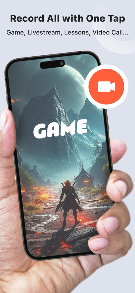 Screen Recorder - Recorder - A hand holding an iPhone displaying a mobile game with an orange screen recording button overlay