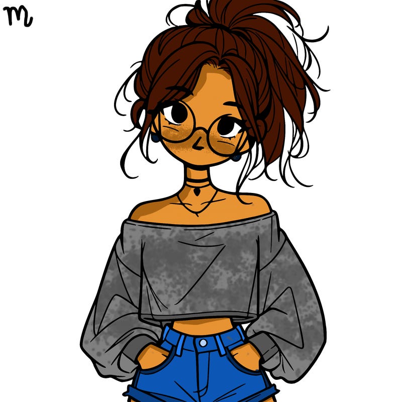 girl with a messy ponytail glasses a baggy crop top and jean shorts