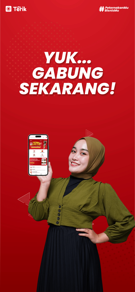 Terik - A smiling woman holding a smartphone displaying the Terik digital farming super app interface against a red background